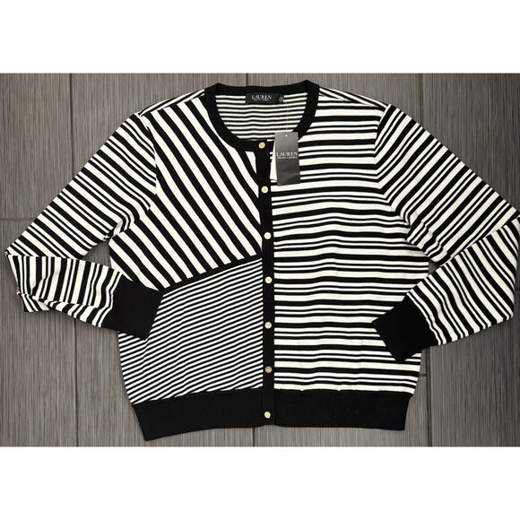 Lauren Ralph Lauren Black/White Striped Cardigan Sweater Size XXL Gold Buttons